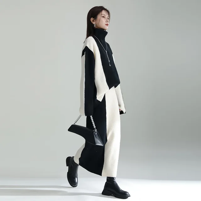 Black And White Color Contrast Patchwork Sweater Skirt Suit Black - Shop at LoveMi