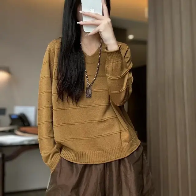 Artistic All match V neck Pullover Sweater Yellow - Shop at LoveMi