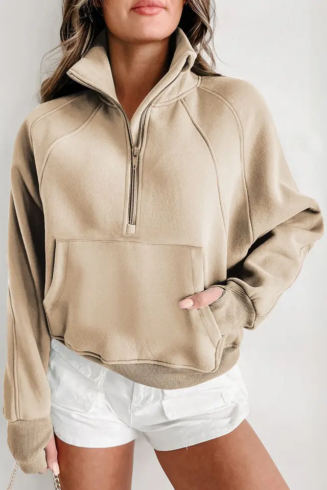 Hoodie Casual Stand Collar Long Sleeve Loose Top Khaki - Shop at LoveMi