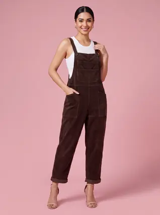 Women's Loose Casual Small Red Overalls - Brown