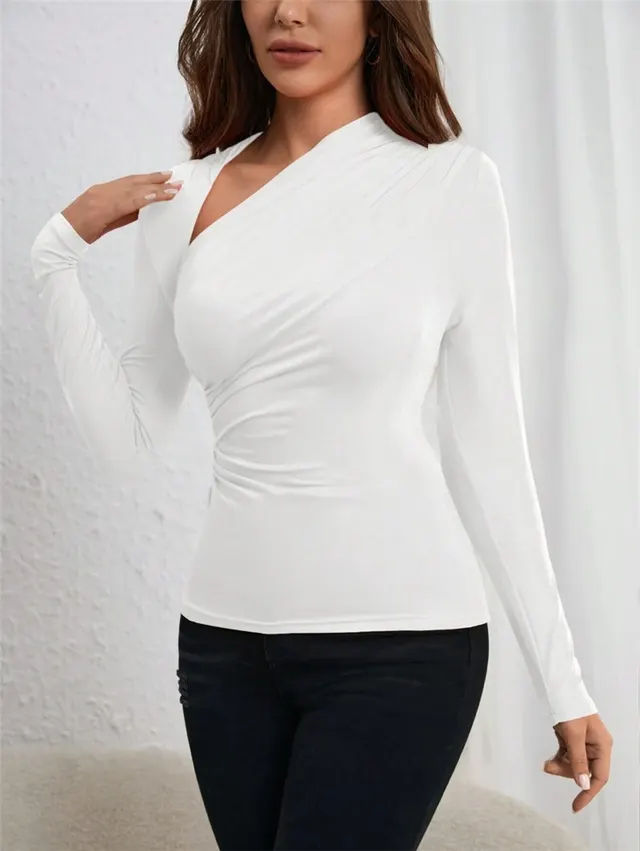 Asymmetric Neckline Pleated Side Long Sleeve T shirt White - Shop at LoveMi