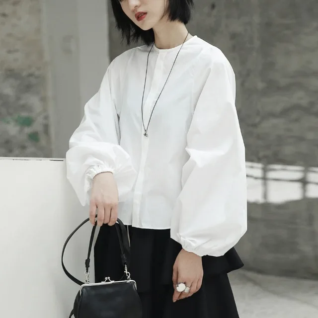 Spring And Autumn New Stand up Collar Puff Sleeve White Shirt White - Shop at LoveMi