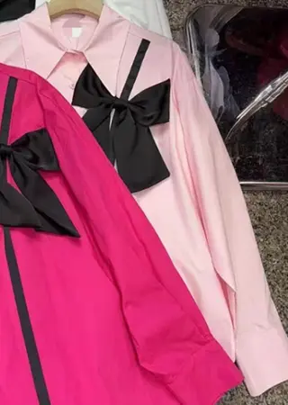 French Style Three-dimensional Bow Long Sleeve Shirt - Pink