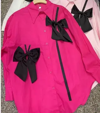 French Style Three-dimensional Bow Long Sleeve Shirt - Rose Red