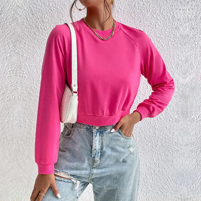 European And American Long Sleeve Round Neck Solid Color Hoodie Women Rose Red - Shop at LoveMi