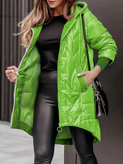 Hooded Loose Long Sleeves Solid Color Zipper Cotton Jacket Coat Green - Shop at LoveMi