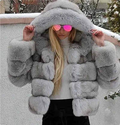Women's Minimalist Hooded Patchwork Fur Grass Jacket Light Grey - Shop at LoveMi