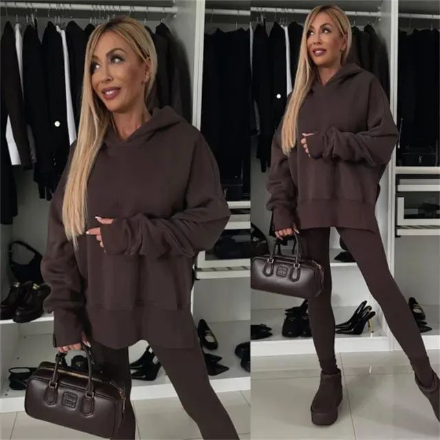 Women's Casual Loose Solid Color Printing Hooded Sweater Set Brown - Shop at LoveMi