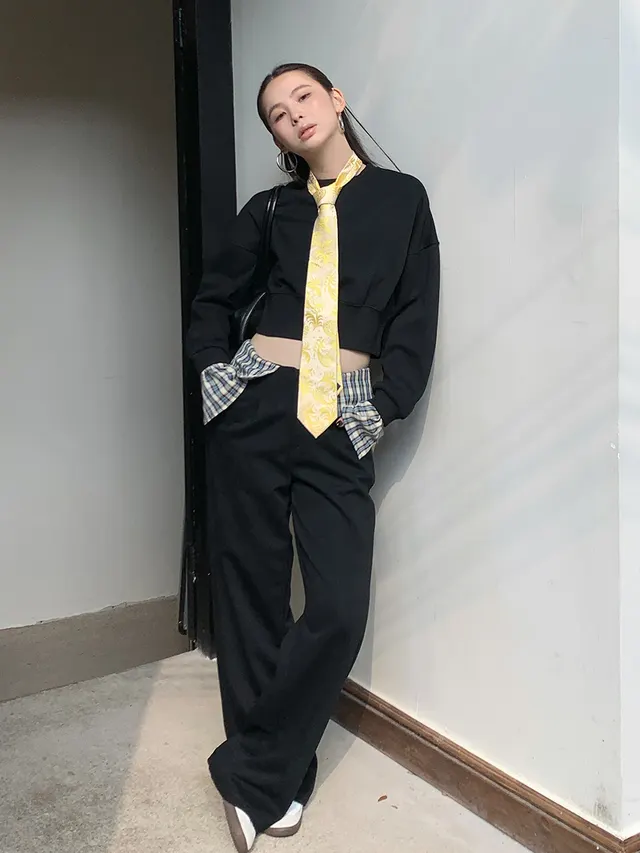 Casual Plaid Stitching Loose Sweater Suit Black - Shop at LoveMi