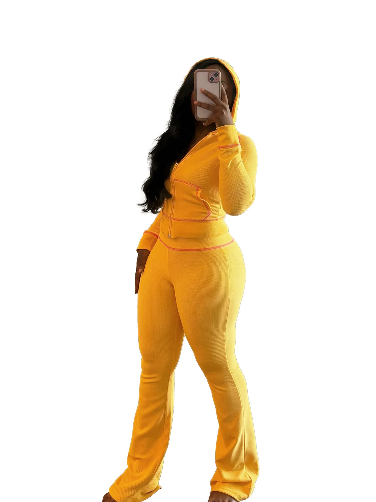Waffle Texture Fabric With Shoulder Cuff Hat Micro Horn Casual Suit - Yellow
