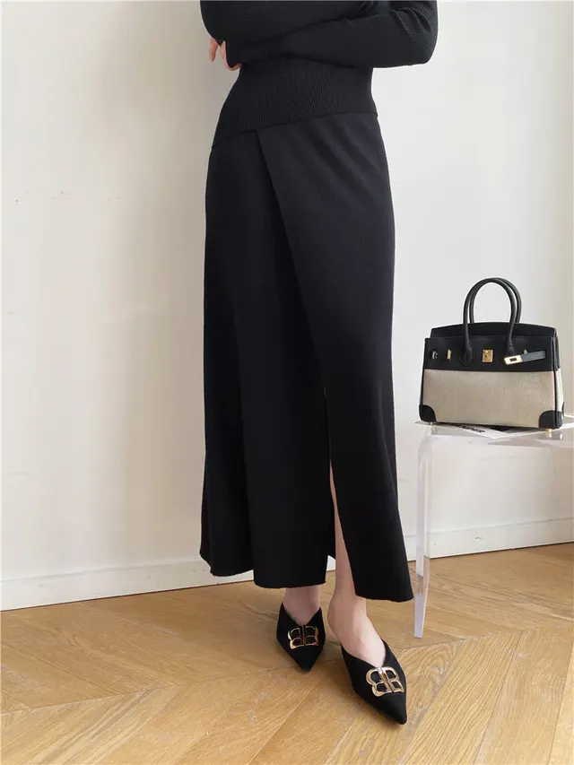 Autumn And Winter French Retro Cashmere Off shoulder Irregular Top Two piece Set Black Skirt - Shop at LoveMi