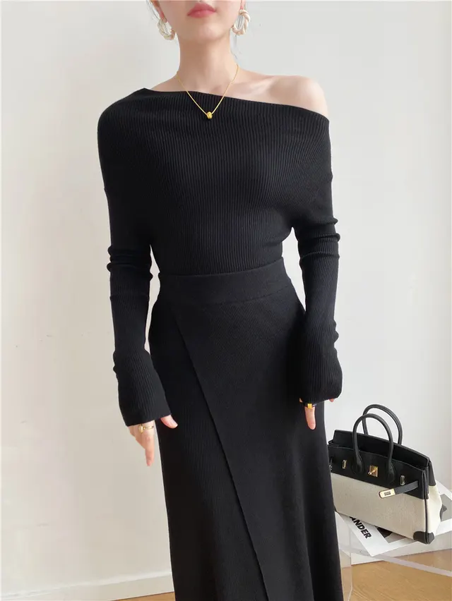 Autumn And Winter French Retro Cashmere Off shoulder Irregular Top Two piece Set Coat Black - Shop at LoveMi