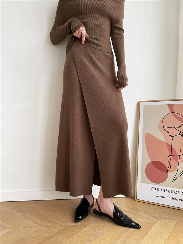 Autumn And Winter French Retro Cashmere Off shoulder Irregular Top Two piece Set Skirt Flowery Beige Camel - Shop at LoveMi