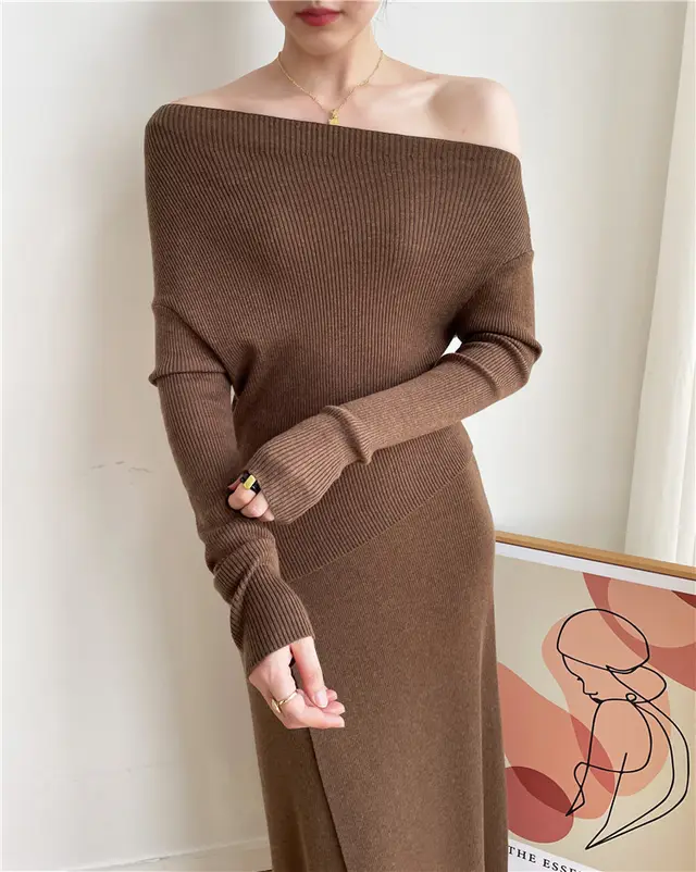 Autumn And Winter French Retro Cashmere Off shoulder Irregular Top Two piece Set Top Flowery Beige Camel - Shop at LoveMi