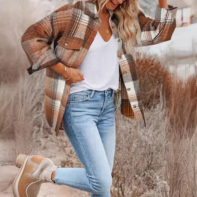 Casual Women's Lapel Loose Plaid Mid length Blouse Orange - Shop at LoveMi