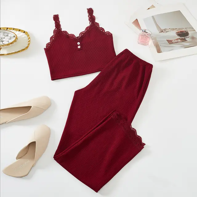 Pajamas Women's Lace Two piece Sling Wine Red - Shop at LoveMi