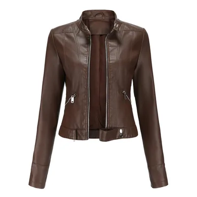 Women's Short Leather Jacket Stand Collar Jacket Thin Coffee - Shop at LoveMi
