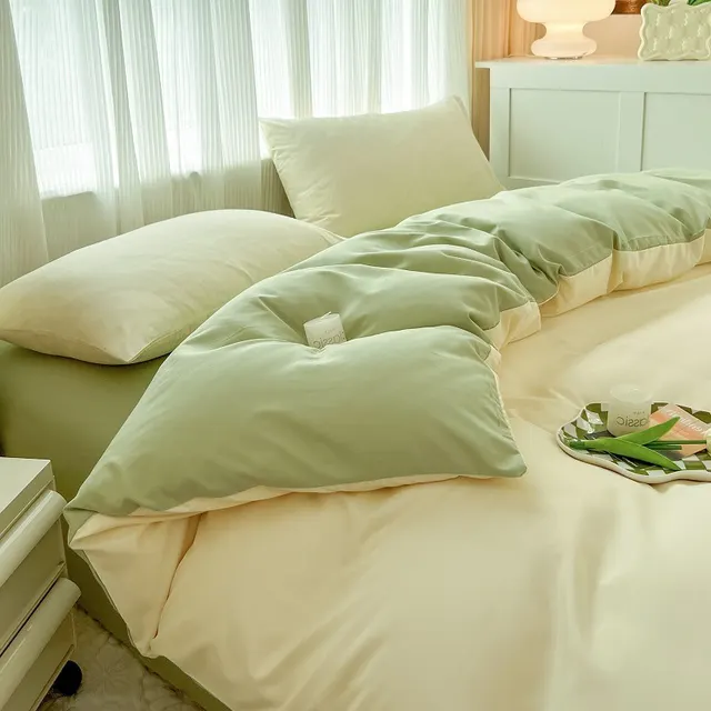 Solid Color Four piece Set Simple Washed Sanding Duvet Cover Cheese Green - Shop at LoveMi