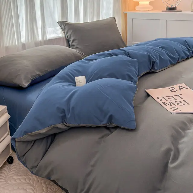 Solid Color Four piece Set Simple Washed Sanding Duvet Cover Gray And Blue - Shop at LoveMi