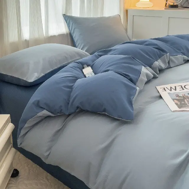 Solid Color Four piece Set Simple Washed Sanding Duvet Cover Mocha Blue - Shop at LoveMi
