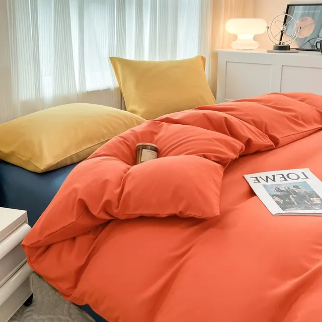 Solid Color Four piece Set Simple Washed Sanding Duvet Cover Orange Blue - Shop at LoveMi