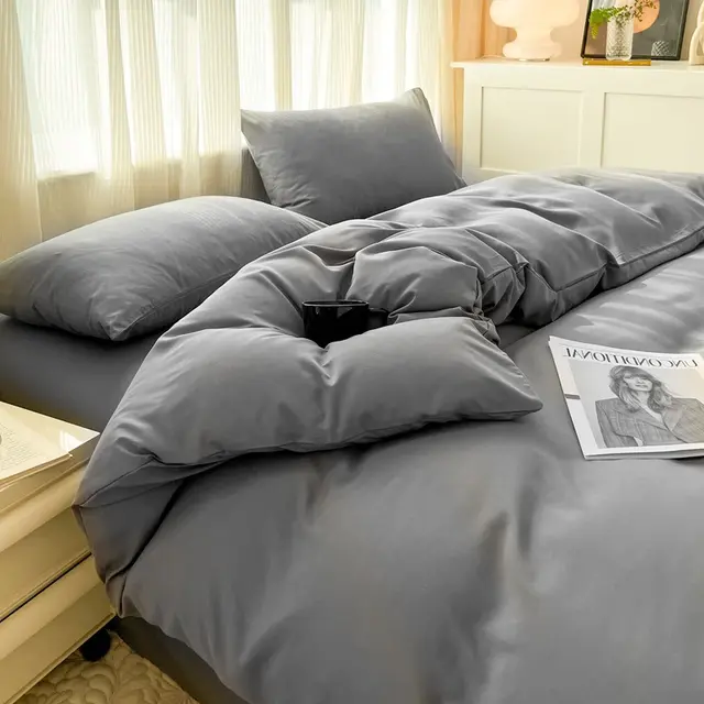 Solid Color Four piece Set Simple Washed Sanding Duvet Cover Solid Color Dark Gray - Shop at LoveMi
