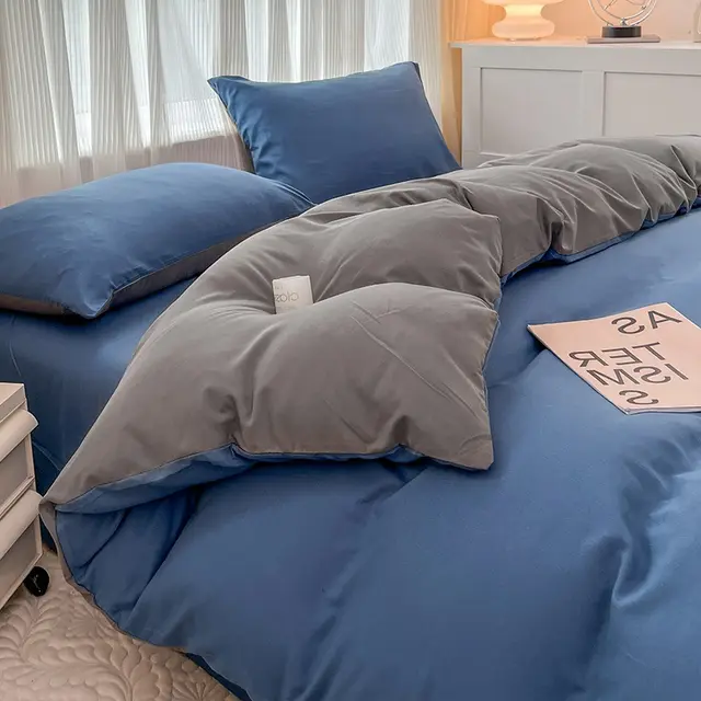 Solid Color Four piece Set Simple Washed Sanding Duvet Cover Temptation Blue Gray - Shop at LoveMi