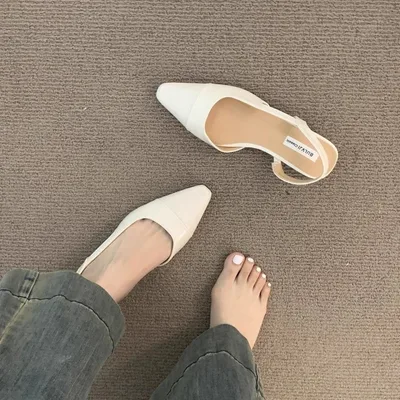 Low Heel Pointed Toe Closed Toe Sandals Female Gentle Pumps Beige - Shop at LoveMi