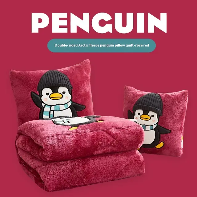 New Double sided Bejirog Three dimensional Wool Hat Penguin Pillow Blanket Dual use Rose Red - Shop at LoveMi