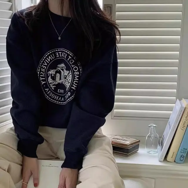 Dark Blue Letter Printing Round Neck Fleece lined Sweater Dark Blue Thin - Shop at LoveMi