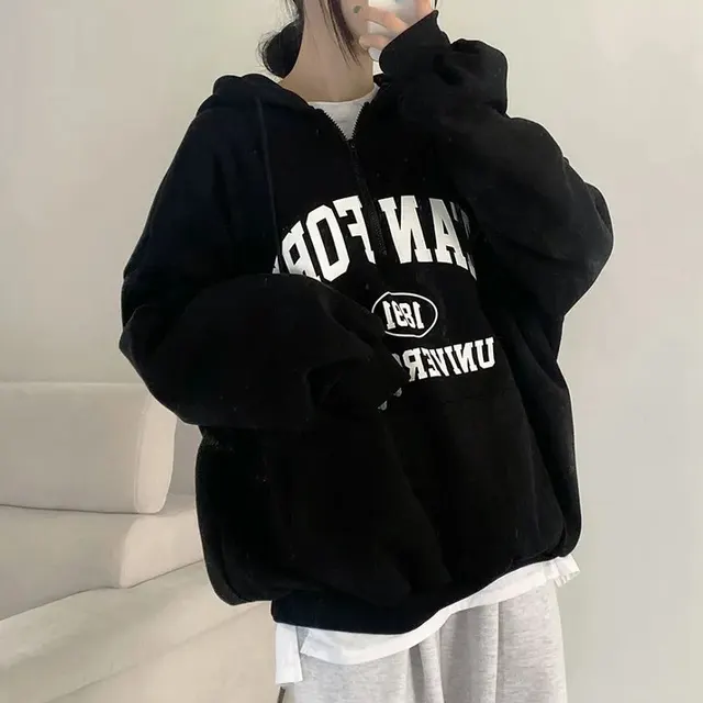 Foreign Trade Fleece Zipper Sweater Women's Thin Letters 5089A Black Thin - Shop at LoveMi