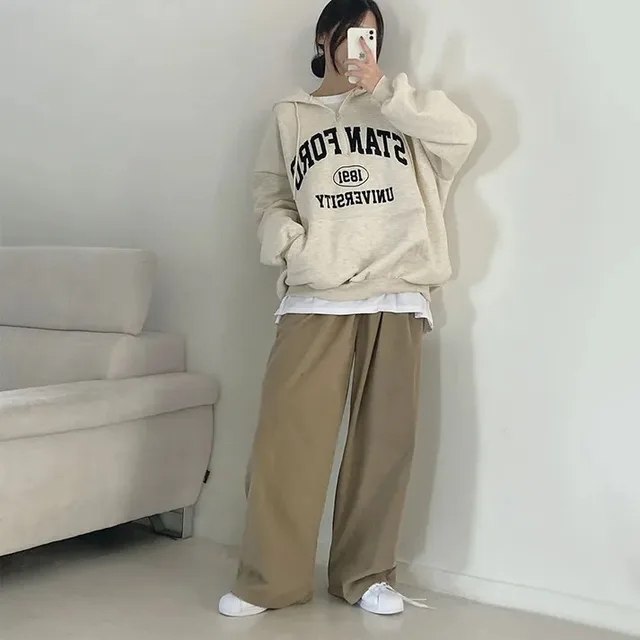 Foreign Trade Fleece Zipper Sweater Women's Thin Letters Beige Plus Velvet Style - Shop at LoveMi