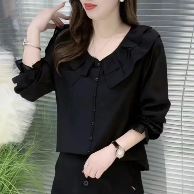 Round Neck Lace Solid Color Slimming Long sleeved Shirt Black - Shop at LoveMi