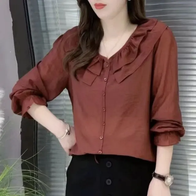 Round Neck Lace Solid Color Slimming Long sleeved Shirt Wine Red - Shop at LoveMi
