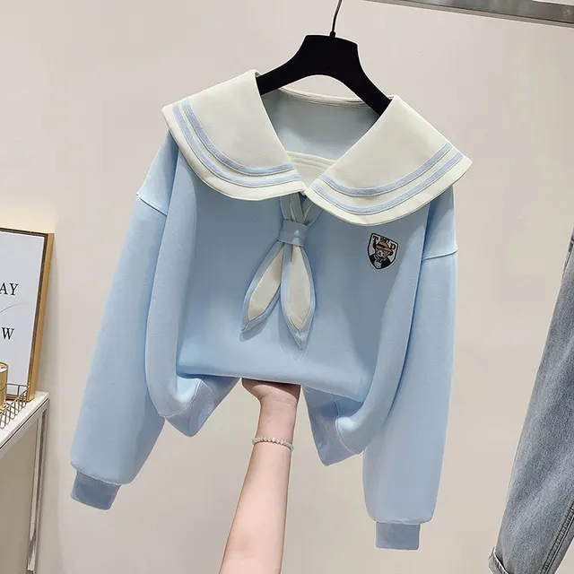 Fake Two piece Women's Sweater Korean College Style Blue - Shop at LoveMi