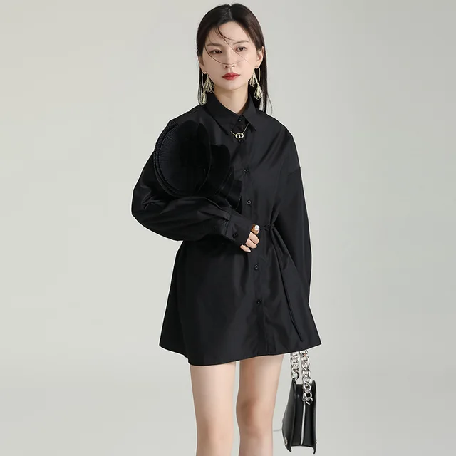 Design Sense Niche Pleated Three dimensional Flower Long Sleeve Shirt Skirt Black - Shop at LoveMi