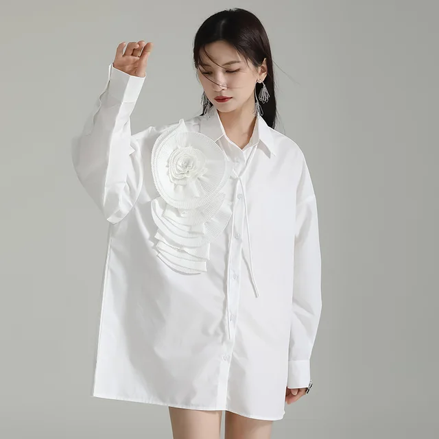 Design Sense Niche Pleated Three dimensional Flower Long Sleeve Shirt Skirt White - Shop at LoveMi