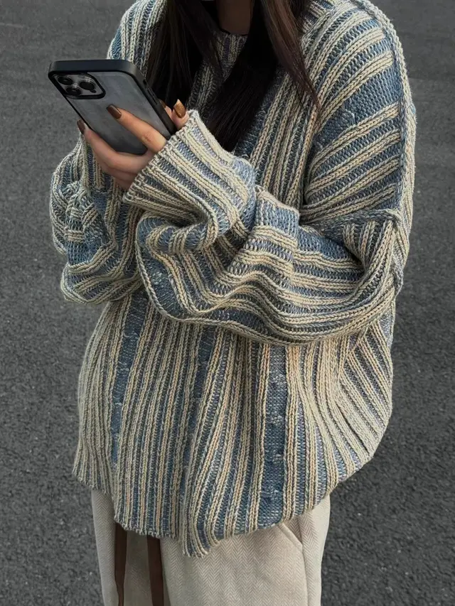 Cleanfit Vintage Stripe Contrast Color Sweater Women Blue - Shop at LoveMi