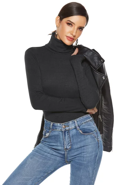 Long Sleeve Turtleneck Slim Bottoming Shirt Solid Color Triangle Sexy Knitted Jumpsuit Black - Shop at LoveMi