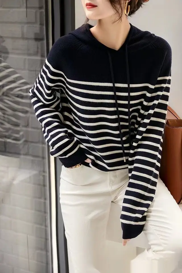 Women's Wool Knitted Hooded Sweater Pullover Stripe Loose Dark Blue White Stripe - Shop at LoveMi