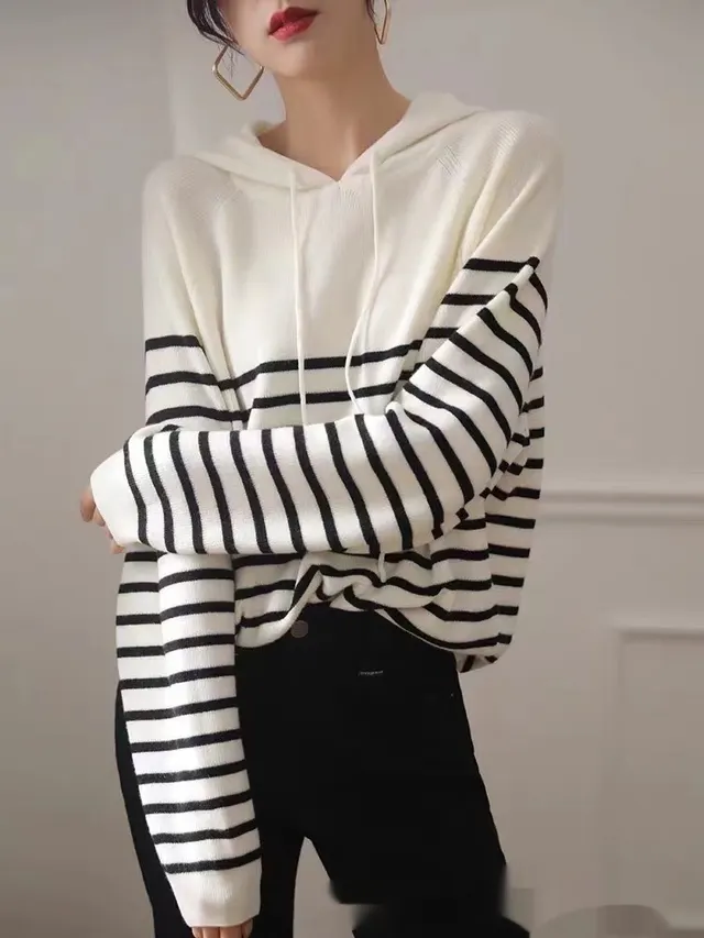 Women's Wool Knitted Hooded Sweater Pullover Stripe Loose White Navy Blue - Shop at LoveMi