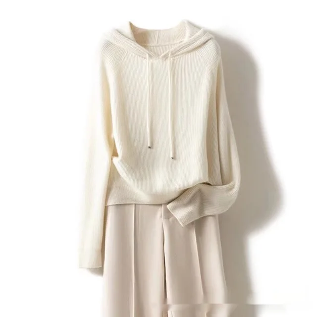 Women's Wool Knitted Hooded Sweater Pullover Stripe Loose White - Shop at LoveMi