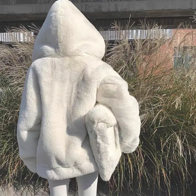 Furry Coat Women's Imitation Fur Loose Young Winter Hoodie White - Shop at LoveMi