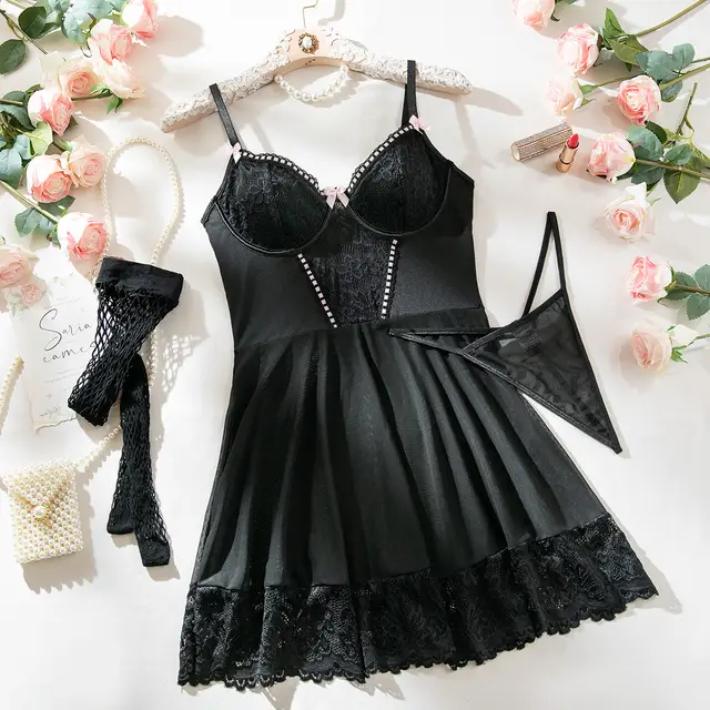 Sexy Lingerie Nightdress Lace Stitching Lace Body Shaping Sexy Lingerie Three piece Set Black Mesh Stockings - Shop at LoveMi