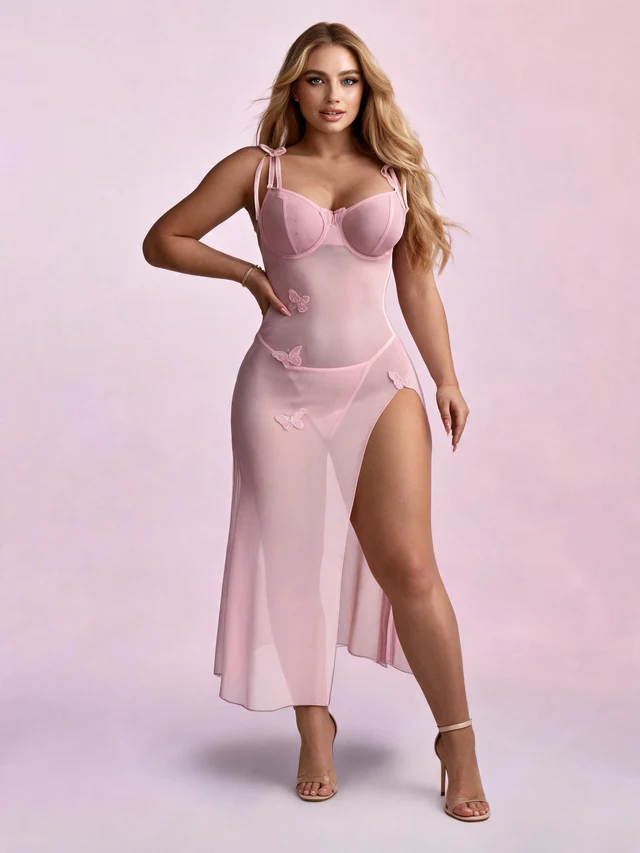European And American Style Sexy Sheer Mesh Seduction Lace Backless High Slit Light Blue Sexy Sling Dress Pink - Shop at LoveMi