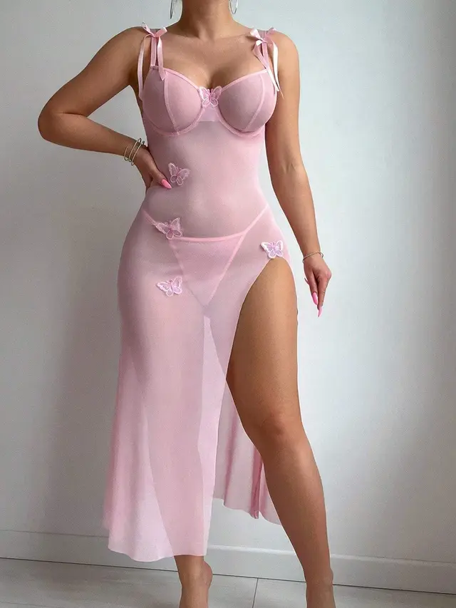 European And American Style Sexy Sheer Mesh Seduction Lace Backless High Slit Light Blue Sexy Sling Dress Pink - Shop at LoveMi