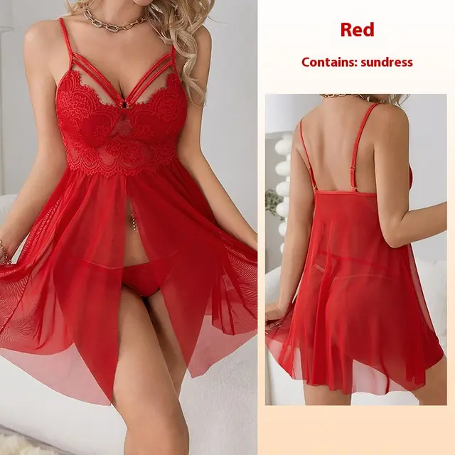 Sexy Sling Lace Pure Desire Seduction Pajamas Hollow Out See through 652 Bright Red - Shop at LoveMi