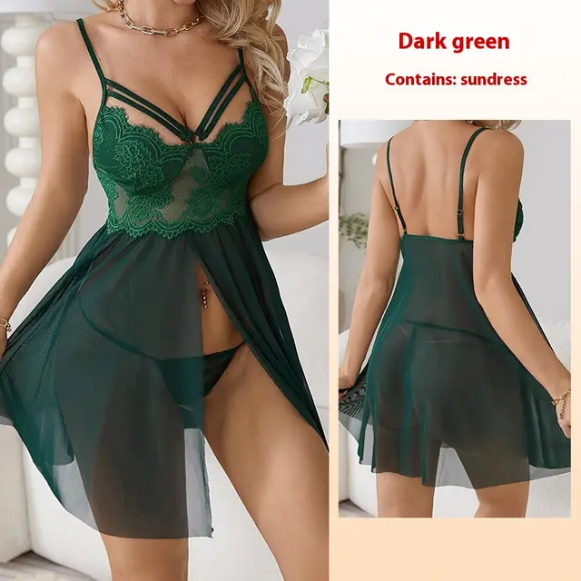 Sexy Sling Lace Pure Desire Seduction Pajamas Hollow Out See through 652 Dark Green - Shop at LoveMi