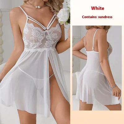 Sexy Sling Lace Pure Desire Seduction Pajamas Hollow Out See through White - Shop at LoveMi