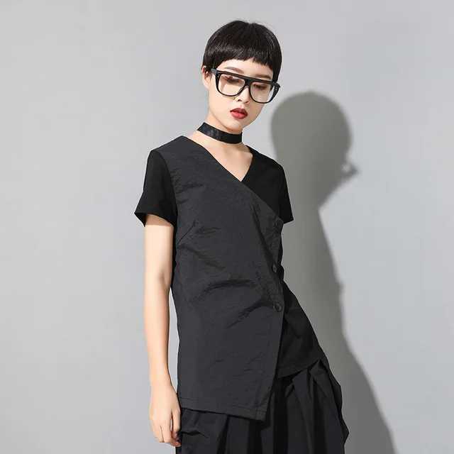 Summer New Women's Short Sleeve Slim Fit V neck Stitching Personality Wrong Top Black - Shop at LoveMi